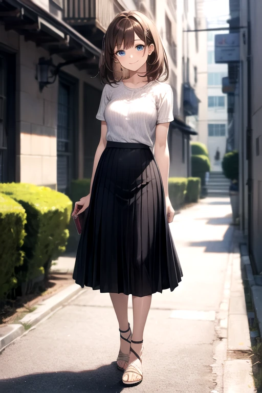 ((Highest quality)), ((masterpiece)), (detailed), ((small breasts)), shoot from below, 1 girl,, Medium Hair, Brown Hair,(Straight hair:1),Deep blue eyes,(Put your arms behind your back:1), casual, ((Short sleeve knit)), short sleeves, ((Long sheer skirt)), Blurred Background,   Complex pupil、Sandals, Intricate weaving, Complex pupil、Intricate weaving, ((Long skirt)), smile、full body, Alley leading to the coast、 Thin legs,  