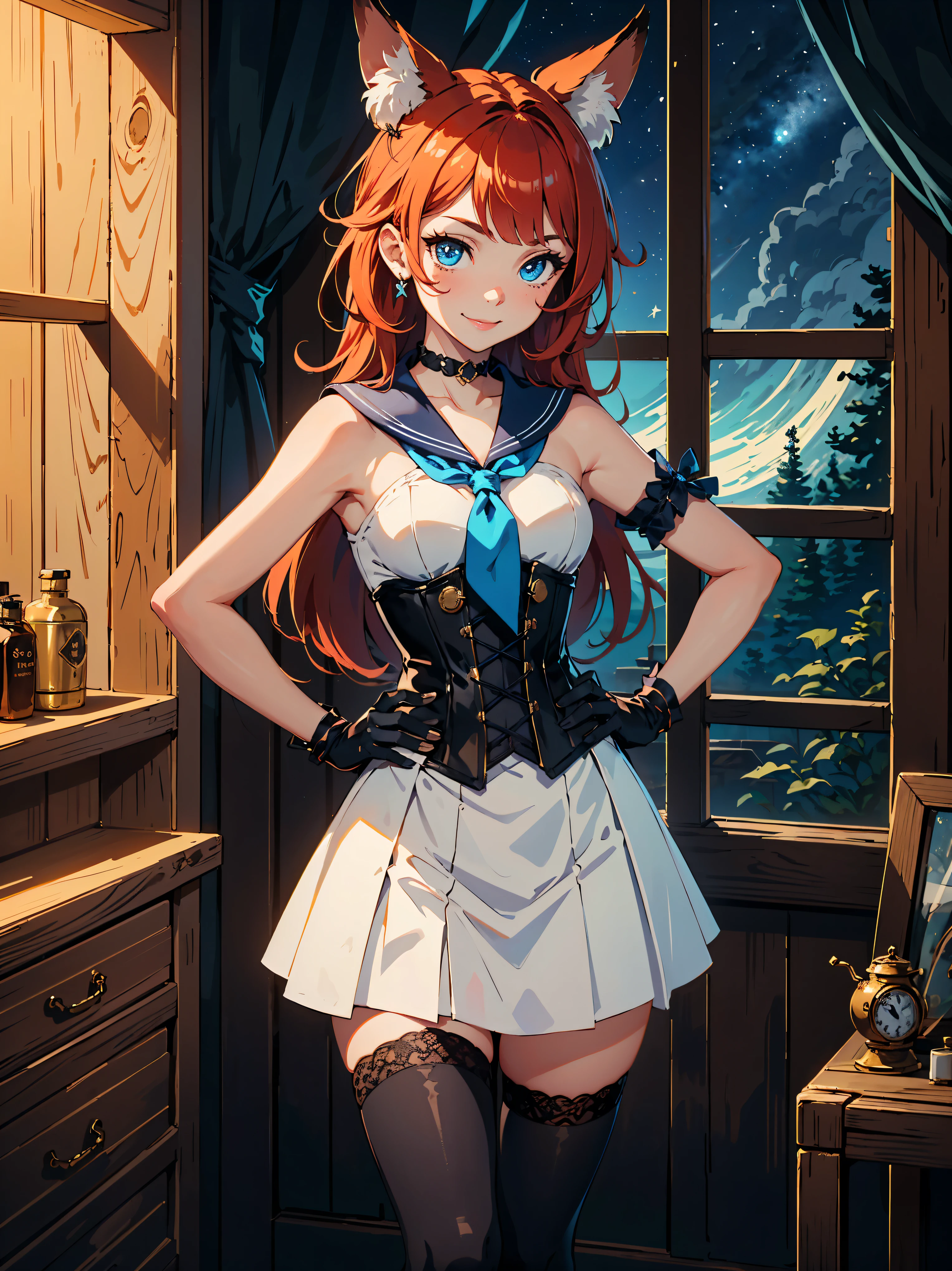 masterpiece, high quality, illustration, extremely detailed, standing, 1_women, fox ears, and a fox tail, (upper body), (red hair), long length hair, cute bangs, (exotic skin_complexion:1.4),mature, tall, legs crossed, hands on hips, (looking at the viewer), (smirking), beautiful, exotic, elegant, slim, (((sailor collar))), sleeveless, black thigh highs, choker, medium bust, (brown steampunk corset), black Lolita style skirt, knee high brown boots with laces, black elegant elbow gloves, diamond shaped eyes, (((blue eyes))), dark_eyeliner, long_eyelashes), natural dynamic lighting, smiling, raised eyebrow, inside rustic cabin, window, night sky, stars, 