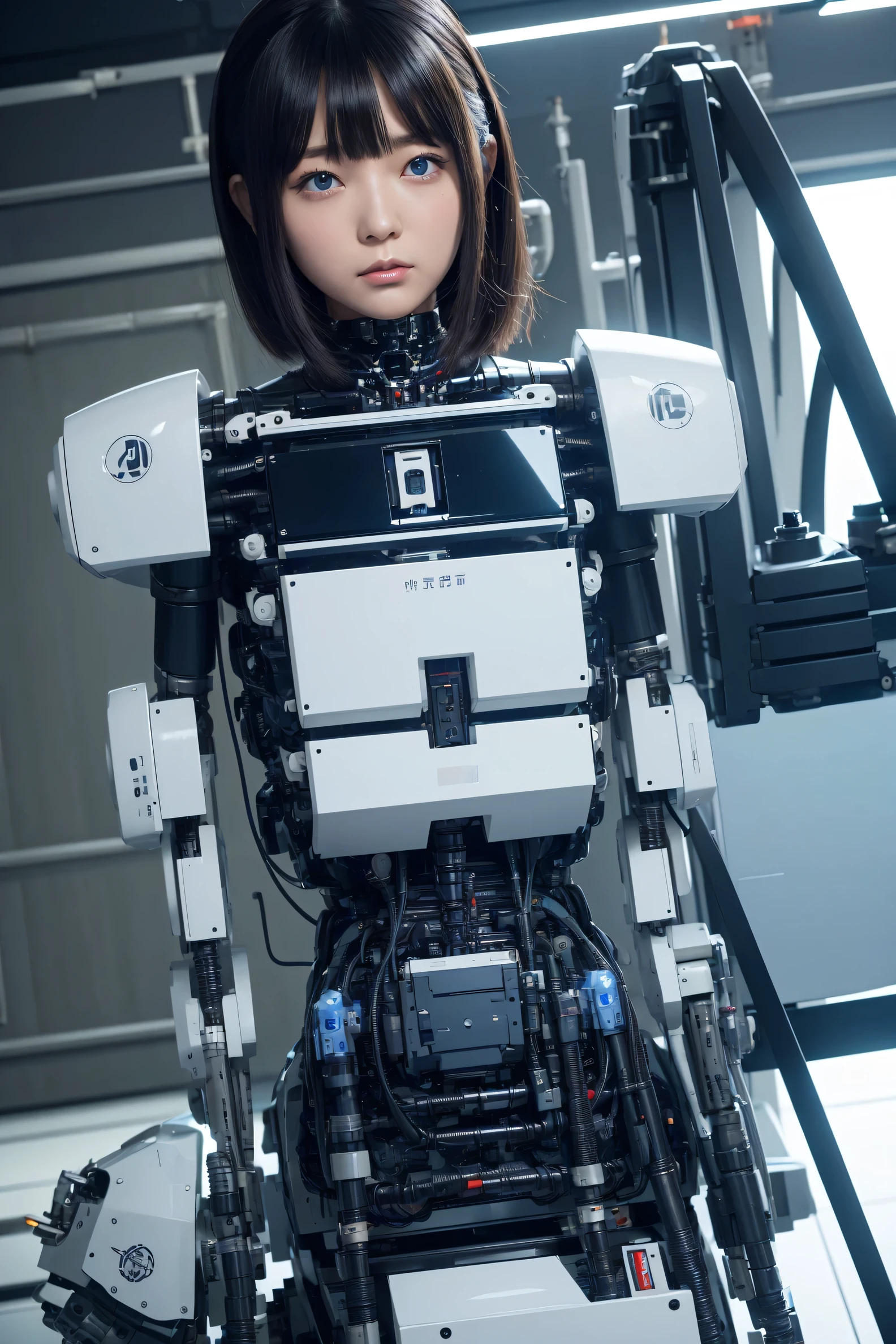 masterpiece, best quality, extremely detailed, Japaese android girl,Plump , hug,control panels,android,Droid,Mechanical Hand, Robot arms and legs, Black hair,Blunt bangs,perfect robot girl,long tube,thick cable connected her neck,android,robot,humanoid,cyborg,japanese cyborg girl ,robot-assembly plant,She is assembled now,assembly scene,chest monitor,blue eyes,breast cover(closing eyes:1.5)