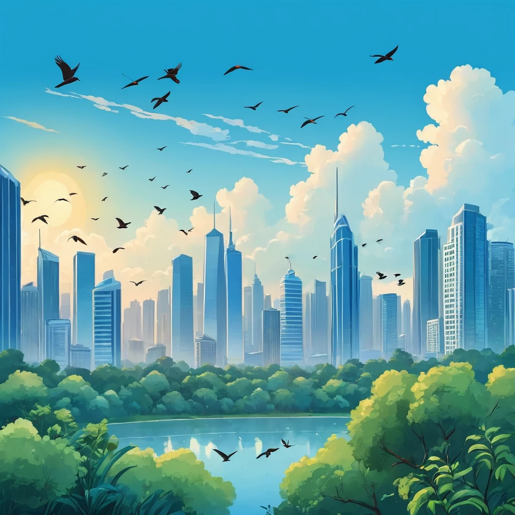 Cartoon of a landscape view of a bluish sky with clouds and birds and skyscrapers