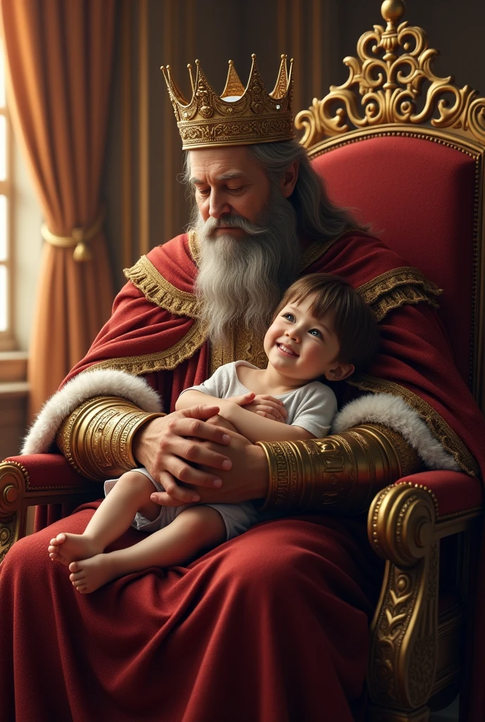 King sitting on the throne holding his son with a gentle face and a crown on his head 
