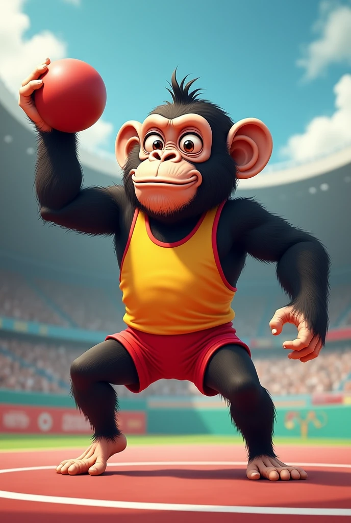 (chibi Emoji Meme), stock art style, funny photo portrait of a grotesque (Olympic shot put athlete chimpanzee), athlete suit, (upper body), cute big eyes, Olympic background, emoticon. emotional, dynamic movement, vivid, (masterpiece, best quality, absurdres, ultra-detailed, intricate details:1.3)