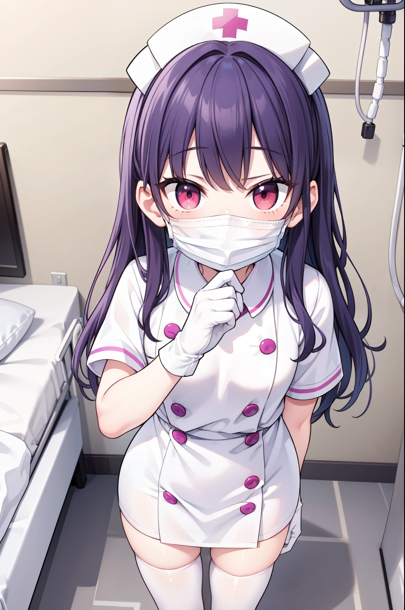 1boy, solo, male focus, nurse, white nurse cap, white nurse uniform, ((white legwear, zettai ryouiki)), white gloves, long hair, purple hair, red eyes, ((white surgical mask, covered nose)), standing, ((hospital room)), sharp outline, short sleeves, shota, 12 years old, best quality, masterpiece