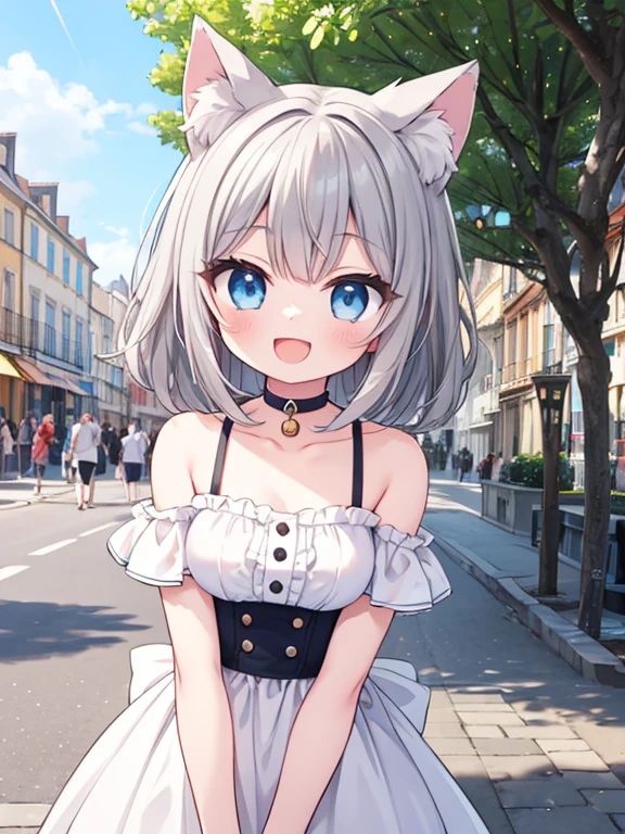 Summer vacation, ((trip)), sightseeing, South of France, ((Marseille)), port, (One girl), cute, (happiness:1.3), Open your mouth, (Cat ear), choker, ((Gray Hair)), Medium Hair, Blue Eyes, sunny, noon, Outdoor, from the front, Cowboy Shot, ((Highest quality)), ((masterpiece)), (detailed), Perfect Face, Perfect Arms, Perfect hands, Perfect Fingers, anime, Ultra-fine illustration,