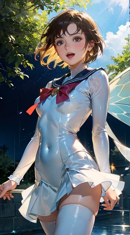 the sailor moon, Sailor Moon style, Beautiful,  moon princess, blond-haired princess, portrait of magical girl,  woman,20-year-old,,city,night,((white tight miniskirt bodysuit)),(Harada Makoto),open mouth smile,(((See-through))),((blonde)),long hair　((masterpiece, highest quality, Highest image quality, High resolution, photorealistic, Raw photo, 8K)), ((Extremely detailed CG unified 8k wallpaper)), A lone blue butterfly fluttering in the starry sky, Huge butterfly wings from the back, (blue glowing wings), Blue wings shining in the dark night, summer dress fluttering, (solo), cute little (1girl) walking,path,[from below:1.2],brown hair,sine short hair,brown eyes,puddle,Water Reflection,rain,floating water drop,hydrangea,(blurry foreground),dynamic angle,asphalt,(blue sky),lens flare,school uniform,(glitter:1.2)