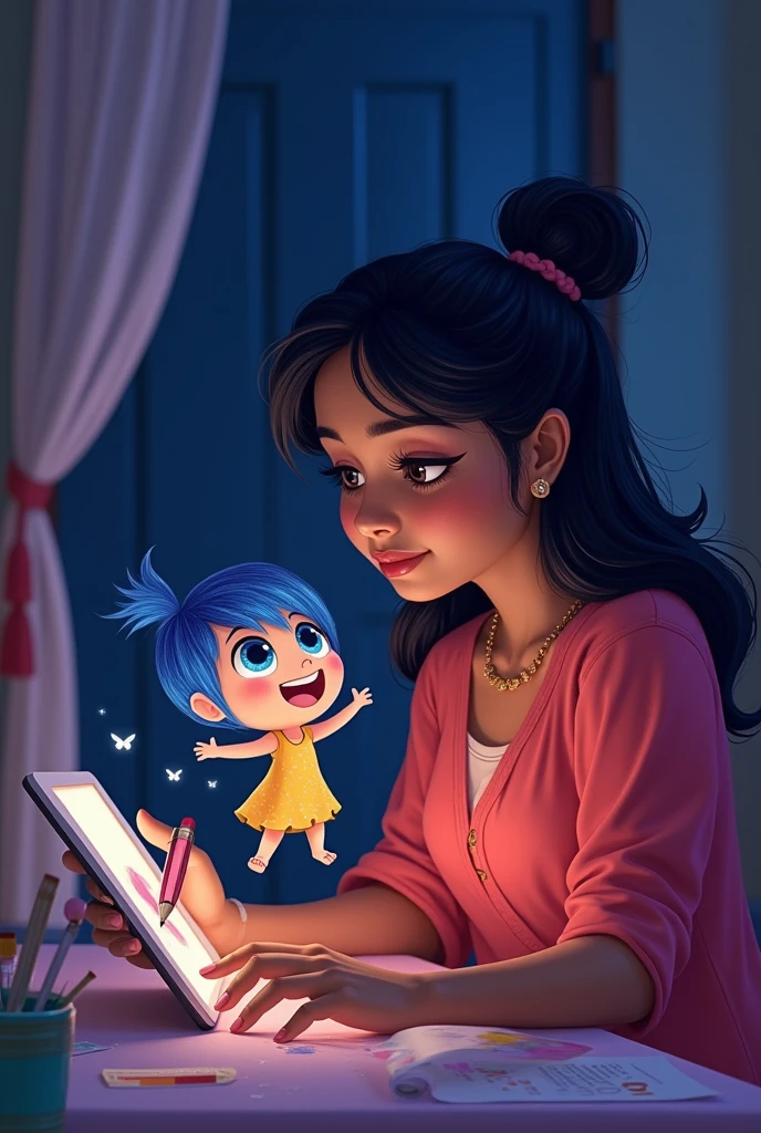 A illustration style artwork of a Indian looking woman with forehand bangs drawing on her iPad using a stylus .Joy, the character from Inside Out 2 movie is cheering her up as if if Joy is popping out .Keep it to a night light setting with subtle shades of purple and blue.