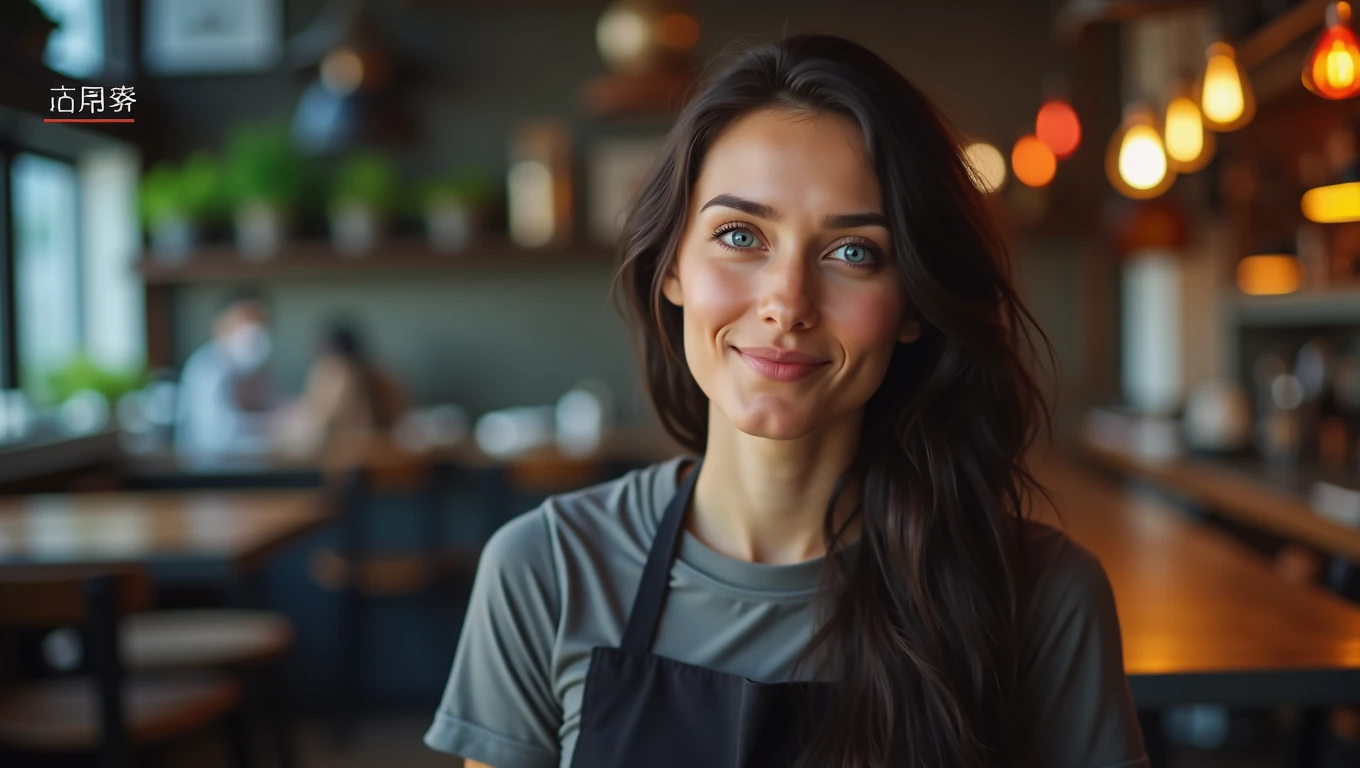 Real professional photography of a beautiful 35-year-old young adult woman, with herself as the main subject. She has a beautiful, well-defined face, vibrant blue eyes, long, loose, slightly messy black hair and fair skin. The woman should be looking directly at the camera, with a cheerful, natural expression. She is wearing a cook's uniform. The background is blurred, showing what appears to be the interior of a restaurant at dusk and points of light in a bokeh effect. There is still natural light outside contrasting with the artificial light inside. The photograph should capture extreme detail, with a high-quality rendering in 8k, with professional photographic quality and attention to detail that conveys the realism of a restaurant.