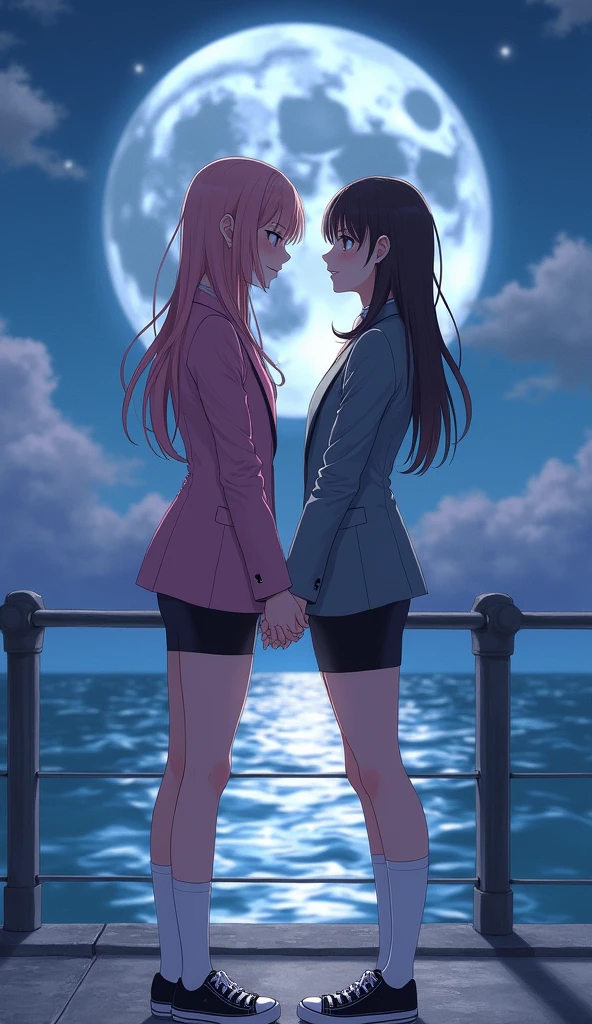 Two girls, yuri, white shirt, girl wear a pink suit, girl wear a grey suit, black short pencil skirt, black underpants, white socks, white sneakers, holding hand, walking, looking into eyes, smile, bridge, fantastic night sky, ocean moon, Novel, HD, 4K