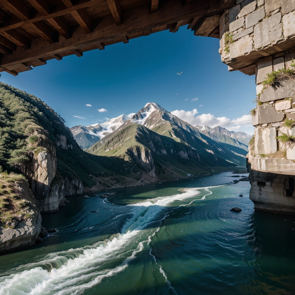 Create an image of a city surrounded by mountains and a coast with a river
