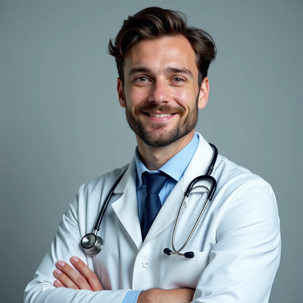 Can you create a profile picture for a 30 year old doctor in medical school? The doctor has a white coat and a stretoscope around his neck. I wan t to realistick