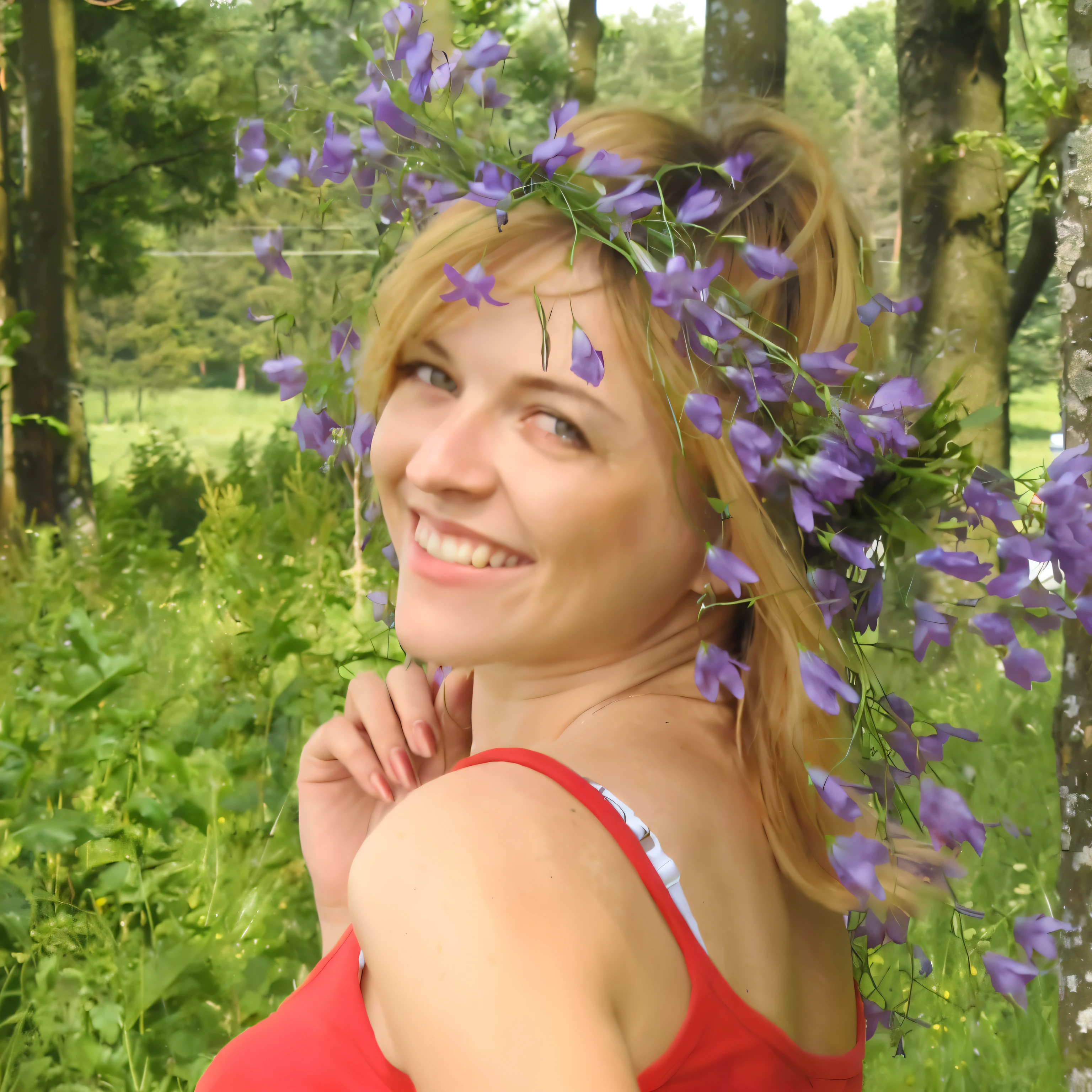 woman in red dress with flower crown on her head, with flowers, wear a headdress with a flower, in a field with flowers