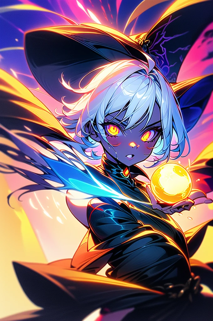((1 girl)), short white hair, Dark skin, mascara, evil smile , with his hands holding a glowing orb while two other glowing spheres orbit around him. Sexy dark magician clothing, dark forest background.