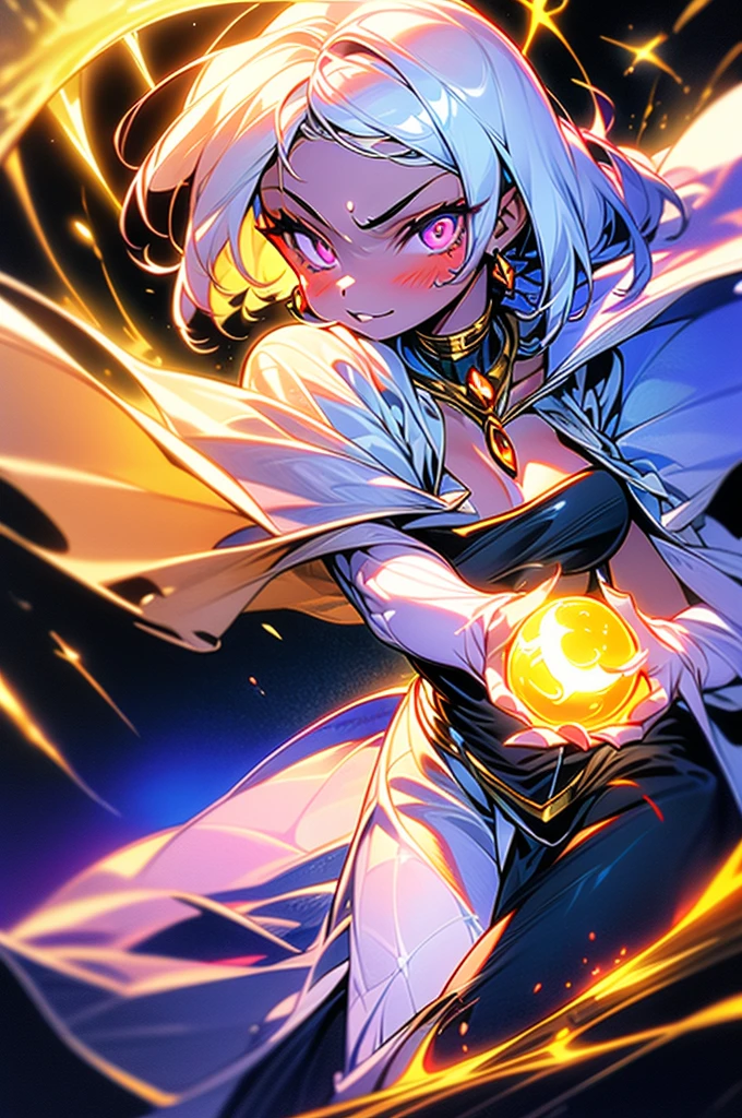 ((1 girl)), short white hair, Dark skin, mascara, evil smile , with his hands holding a glowing orb while two other glowing spheres orbit around him. Sexy dark magician clothing, dark forest background.