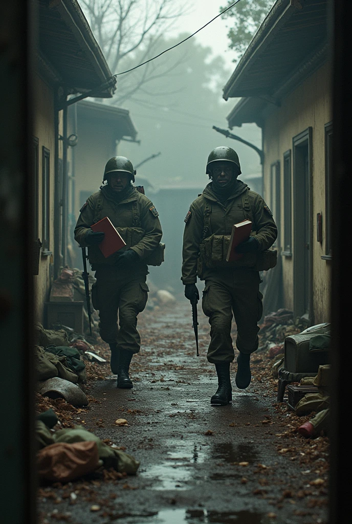 sneaking into soldiers, seeing the soldiers holdimg a red book and the house is a mess