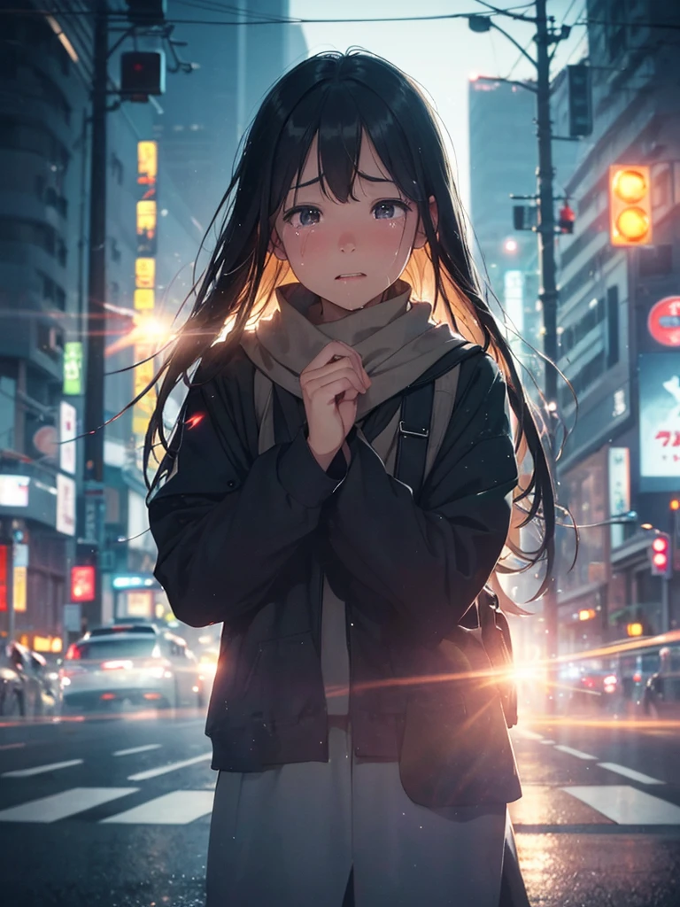(Sumilux f1.4 50mm , low Latitude old color negative film , cross process , (bokeh), flare, chromatic aberration , soft focus, (Shallow focus) , soft glow , Maximum aperture, high Key , Transparent depiction , Tyndall) , Tokyo city street, intersection, Many people crossing the scramble intersection , crying girl , twilight , (focus face) , (front view) , moist eyes , Slanted mouth , Big tears spill down , (Long exposure, moving car tail lights)