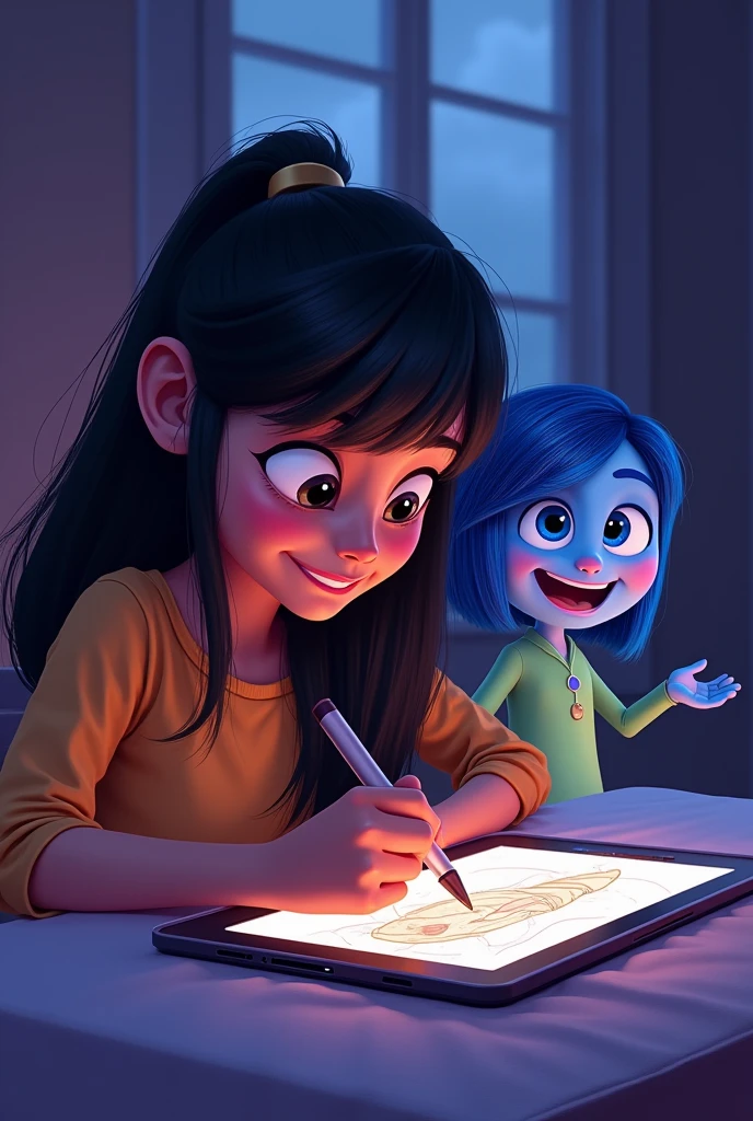 A illustration style artwork of a Indian looking woman with forehand bangs drawing on her iPad using a stylus .Joy, the character from Inside Out 2 movie is cheering her up as if if Joy is popping out .Keep it to a night light setting with subtle shades of purple and blue.