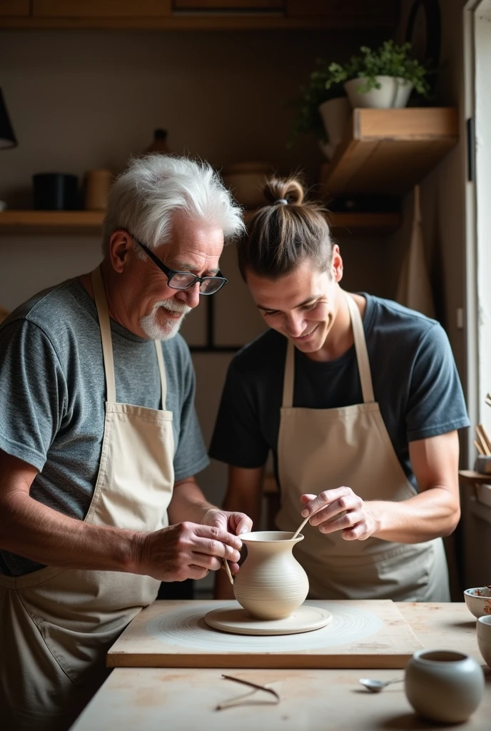 A grandfather and his 27-year-old son making craft pottery together 