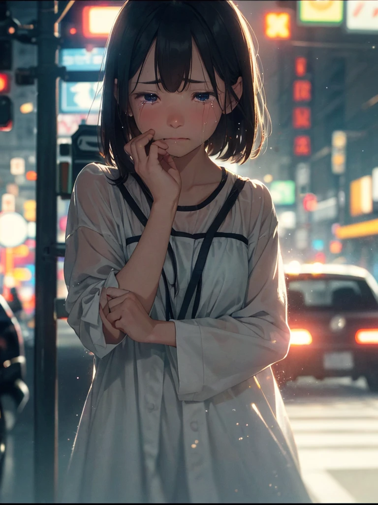 (Sumilux f1.4 50mm , low Latitude old color negative film , cross process , (bokeh), flare, chromatic aberration , soft focus, (Shallow focus) , soft glow , Maximum aperture, high Key , Transparent depiction , Tyndall) , Tokyo city street, intersection, Many people crossing the scramble intersection , crying girl , twilight , (focus face) , (front view) , moist eyes , Slanted mouth , Big tears spill down , (Long exposure, moving car tail lights)