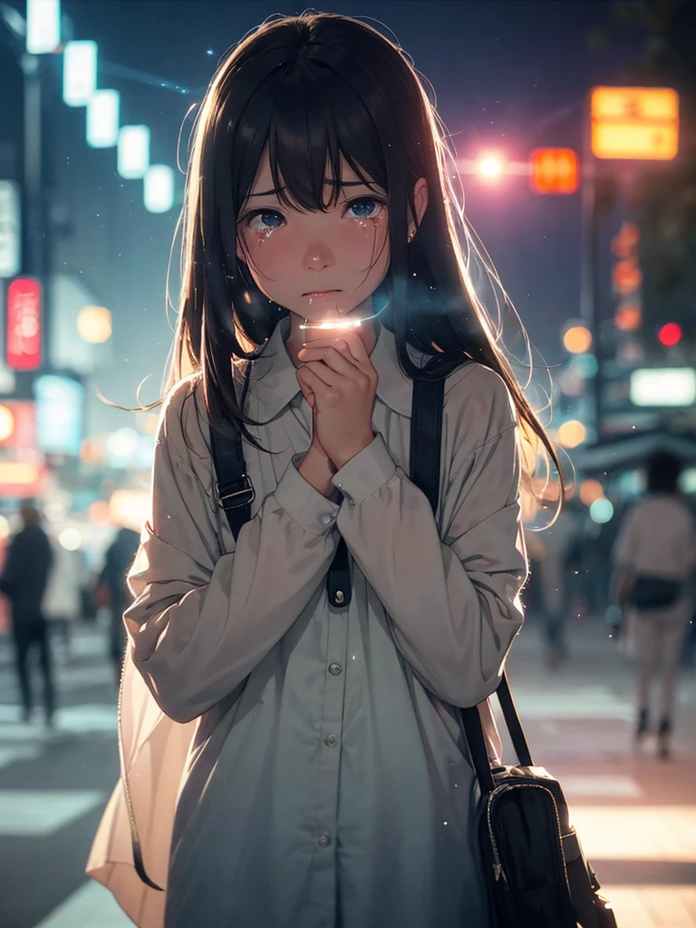 (Sumilux f1.4 50mm , low Latitude old color negative film , cross process , (bokeh), flare, chromatic aberration , soft focus, (Shallow focus) , soft glow , Maximum aperture, high Key , Transparent depiction , Tyndall) , Tokyo city street, intersection, Many people crossing the scramble intersection , crying girl , twilight , (focus face) , (front view) , moist eyes , Slanted mouth , Big tears spill down , (Long exposure, moving car tail lights)