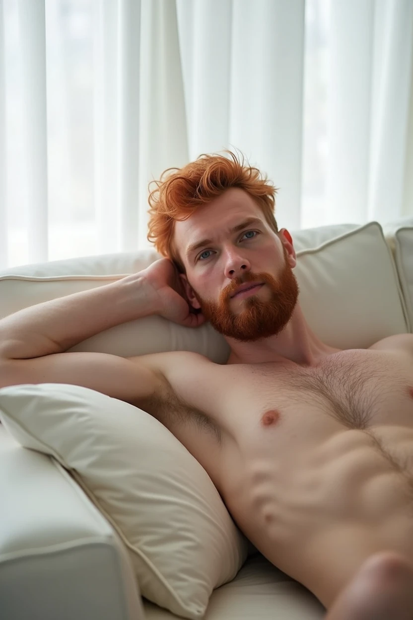 white man with red hair and beard, naked, he is lying on a comfortable white sofa, in the background light white curtains, natural light