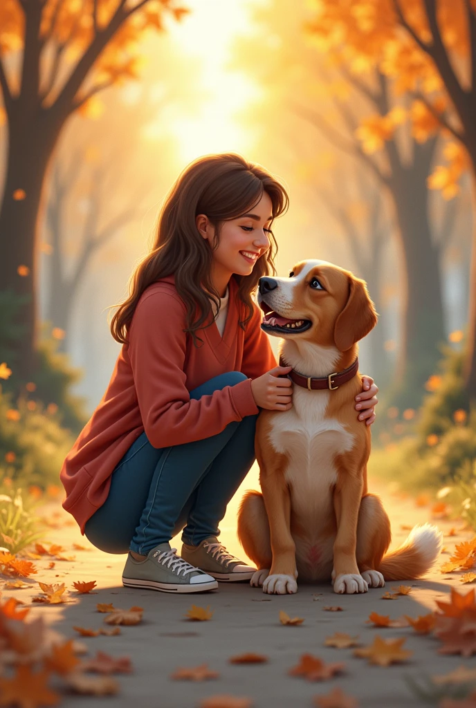Create an image showing a person with their dog to illustrate the idea of having a pet.. The scene must clearly show the dog interacting with the person., whether playing, snuggled up to her, or walking together. The person may be smiling or petting the dog., reflecting a loving and close relationship. The environment can be a cozy home, a park, or an outdoor area, with details that suggest the dog's daily life and company. The atmosphere should be warm and friendly, capturing the special connection between the person and their pet detailed, masterpiece, Best Quality, High resolution