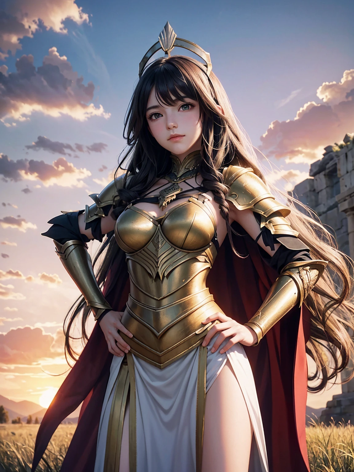 carmilla, (ancient greece armor:1.2), fluttering hair, long wavy hair, long curl hair, (upper body from below:1.2), blush, gentle smile, hands on hip, in grassland, sunset