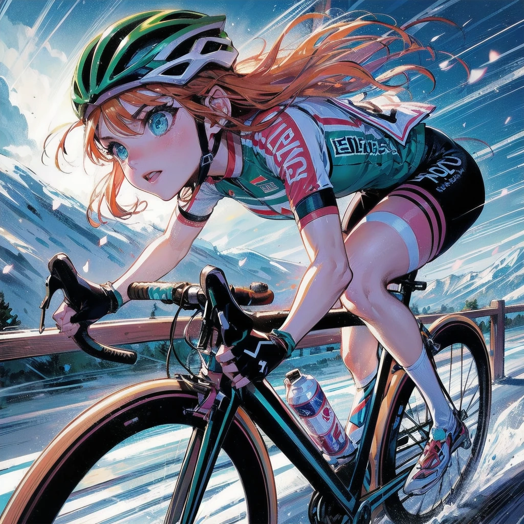 masterpiece, (textured skin), best quality, gorgeous beautiful girl, (a female cycling athlete), detailed clothes,large breasts,narrow waist,, (beautiful face), cinematic lighting, (at cycling venue ),