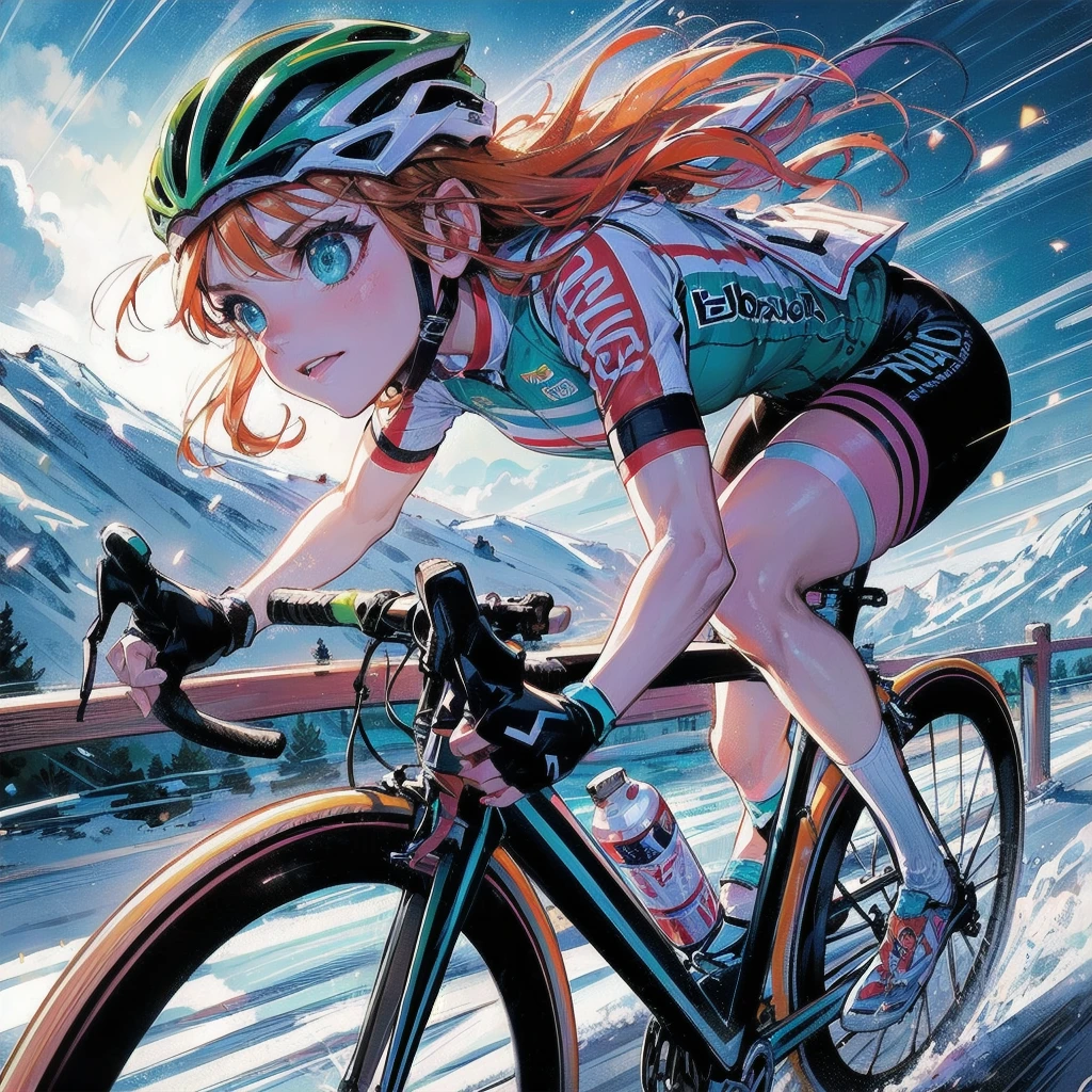 masterpiece, (textured skin), best quality, gorgeous beautiful girl, (a female cycling athlete), detailed clothes,large breasts,narrow waist,, (beautiful face), cinematic lighting, (at cycling venue ),