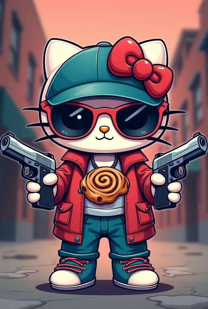 Gangster hello kitty with cinnamon roll holding a dual pistol in a cute way