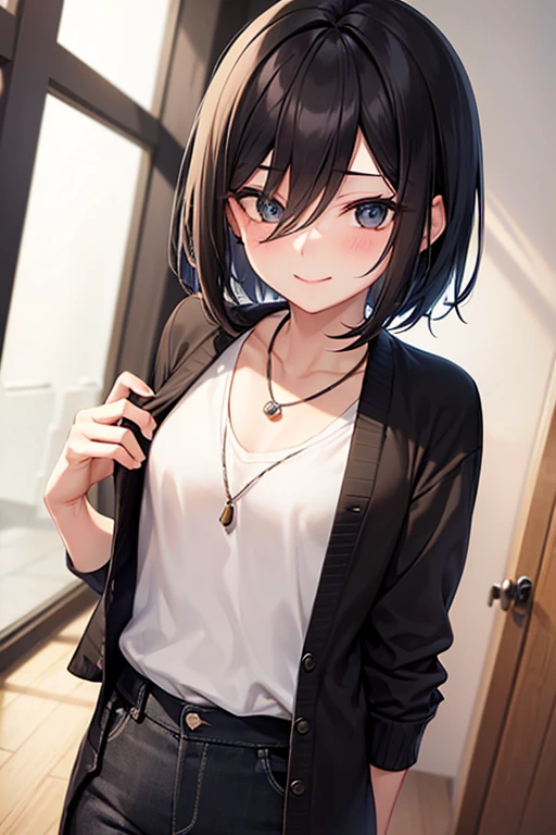 Highest quality, masterpiece, Androgynous male,Black Bob Hair,Slim body,T-Shirts,cardigan,necklace,Blushing, happiness/joy, smile, In town