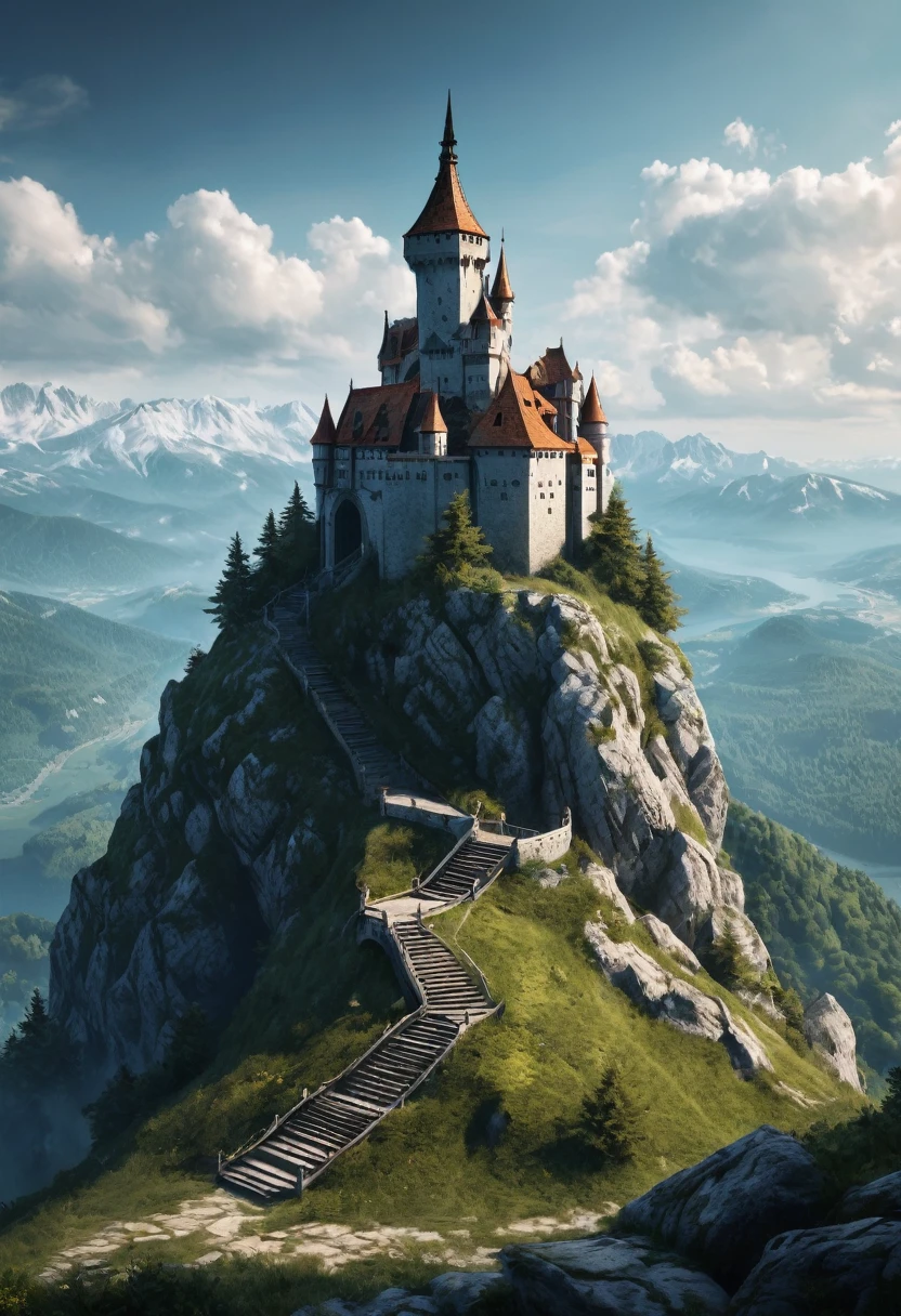 a castle for training witcher on top of a mountain