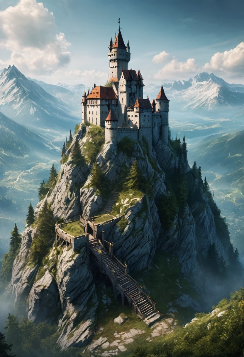 a castle for training witcher on top of a mountain