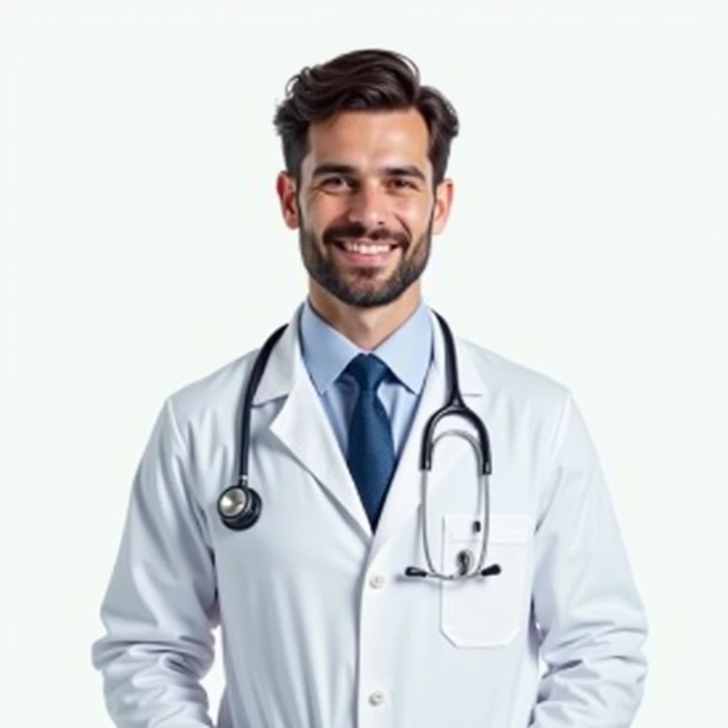 Can you create a profile picture for a 30 year old doctor in medical school? The doctor has a white coat and a stretoscope around his neck. I wan t to realistick. I want background White color