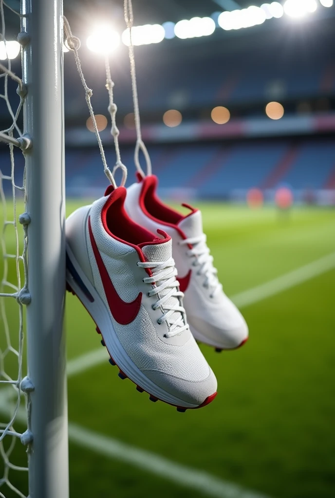 Sports shoes hanging on the football field