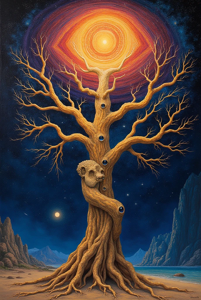 A painting,The Holy Grail of Brain Tree Eyes, Alex Gray Art, Highly detailed fantasy art, Alex Gray and Tim Hildebrandt, psychedelic artwork, Alex Gray's style, Fantasy art style, The Third Eye,