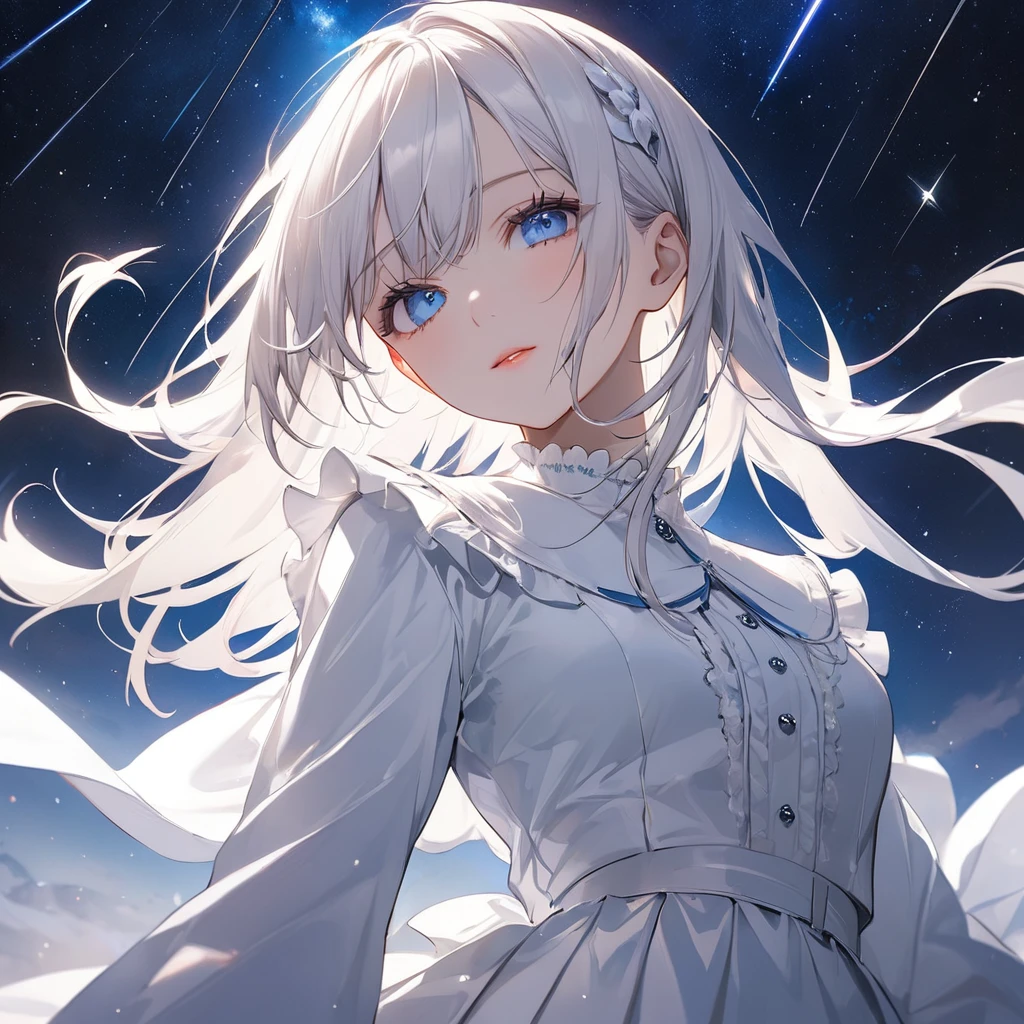(top-quality),(masterpiece),Delicately drawn face,girl with a pretty face,beautiful detailed blue eyes,white ta fashion,((long sleeve white costume)),((white skirt)),(beautiful silky white hair:1.2),look at viewer,abstract,(view from below:1.3),night sky,darlness sky,black sky,(a lot of shooting stars),(cowboy shot:1.5),high contrast