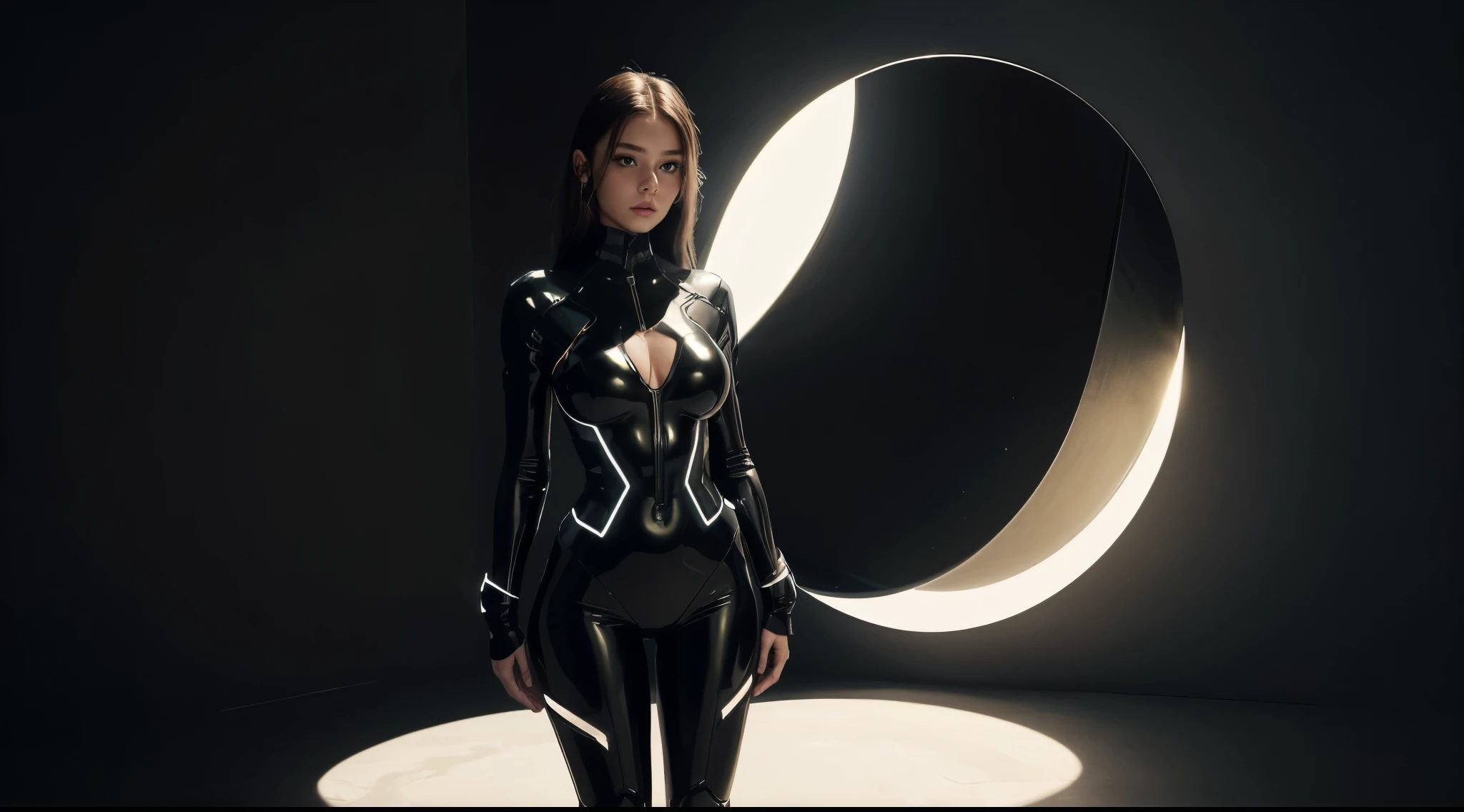 1girl, cool, confident, in front of a glowing perfect circular object, dramatic lighting, futuristic atmosphere, (sleek attire:1.2), (gigantic breasts:1.2), soft glow, ethereal ambiance, bold stance, minimalist background, powerful presence, (high quality, masterpiece:1.2), mystical scene, otherworldly vibe, detailed face, (looking at viewer:1.2), full body shot,