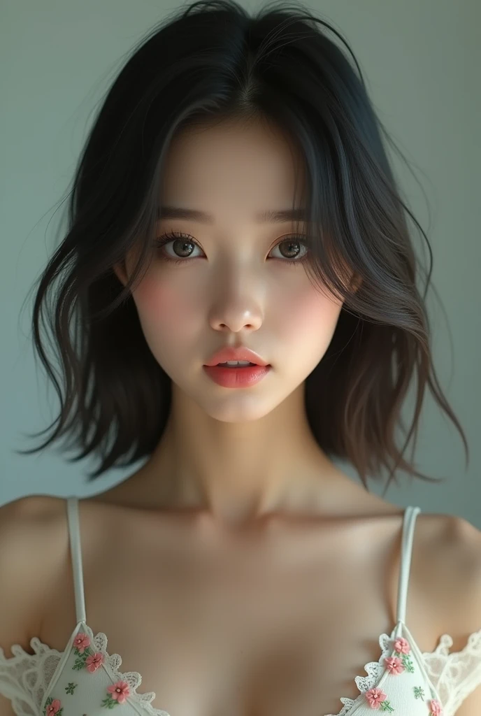 A Korean girl, medium straight hair, hunter eyes, [beautiful realistic Asian],  showing panties, rectangle figure, medium boob's, 
