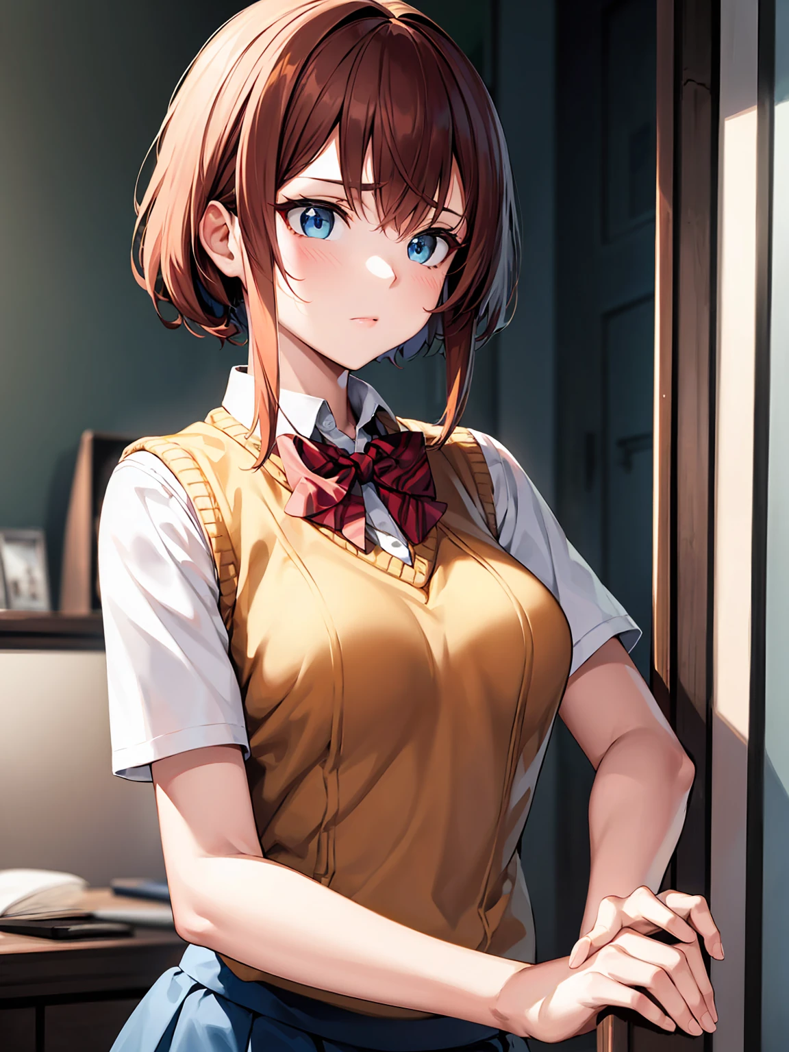 Deep Skin,Textured skin,It&#39;s morning, Otherwise, blue eyes, Blue Hair, hair ornaments, Hair between the eyes, Hair Clip, short hair, Side Lock, (Small breasts:1.2),
break (Orange sweater vest, Short sleeve, Red bow tie, Blue mini skirt:1,2)
break captivating posture，Inside the room，show one&#39;s upper body，Make your face bright red，Frustrated Expression，shut up，(8k:1.1),
break (masterpiece:1.2), Highest quality, High resolution, unity 8k wallpaper, (figure:0.8), (Beautiful attention to detail:1.6), Highly detailed face, Perfect lighting, Highly detailed CG, (Perfect hands, Perfect Anatomy),