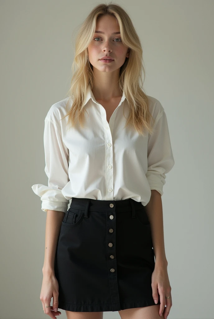 a 16years old , blonde, white shirt,black short skirt, super huge ,very white skin tone
taking a realistic far view photo