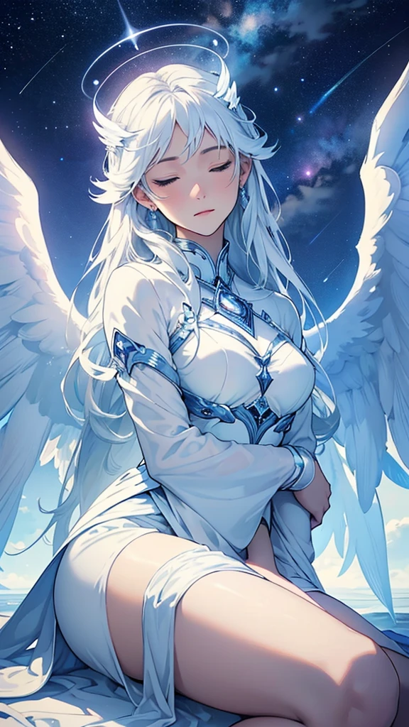Design a mystical and serene cover featuring a guardian angel with soft glowing wings, surrounded by ethereal light. Include elements like clouds and stars to enhance the celestial theme. The title 'Guardian Angels AUDIOBOOK' should be prominently displayed in an elegant, readable font, with a calming color palette of blues and whites."