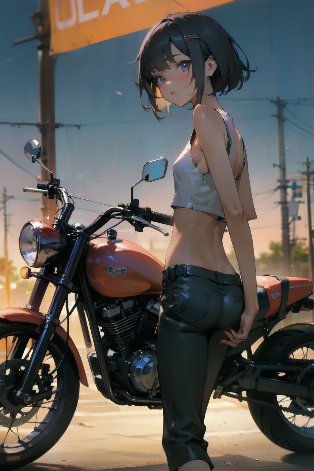(cowboy shot),(Perfect Anatomy,top-quality、back style,The ultra -The high-definition、hight resolution、extremely details CG、8K Unit Wallpapers),20-year-old、solo,Beautiful detailed eyes,black hair,shor bob hair,blunt bang,(small breasts,slender body,skinny),gleaming skin,oily skin,(punk fashion、leather jacket、Tank top、military pants、combat boots),(drive a motorcycle,Harley-Davidson,),on road,Tokyo,at night、