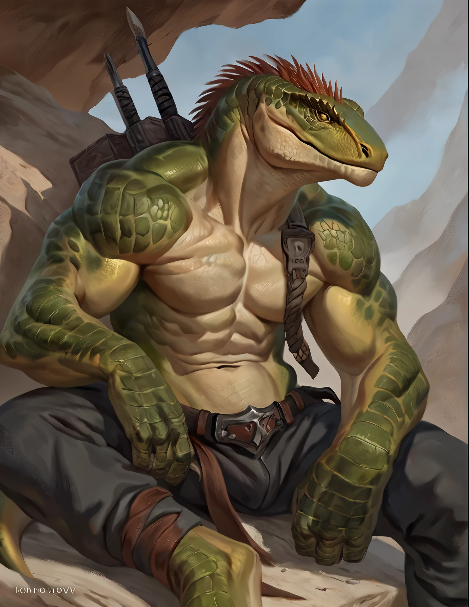 a ferocious male lizardfolk mercenary, muscular detailed body with claws, masculine pose, tall topless, wearing pants and belts on chest, comic book style illustration, best quality, 4k, ultra-detailed, realistic, by laobai, by taran fiddler, by honovy