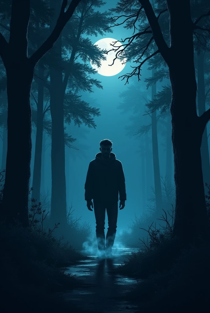 A lonely guy in the middle of yhe forests, walking at night