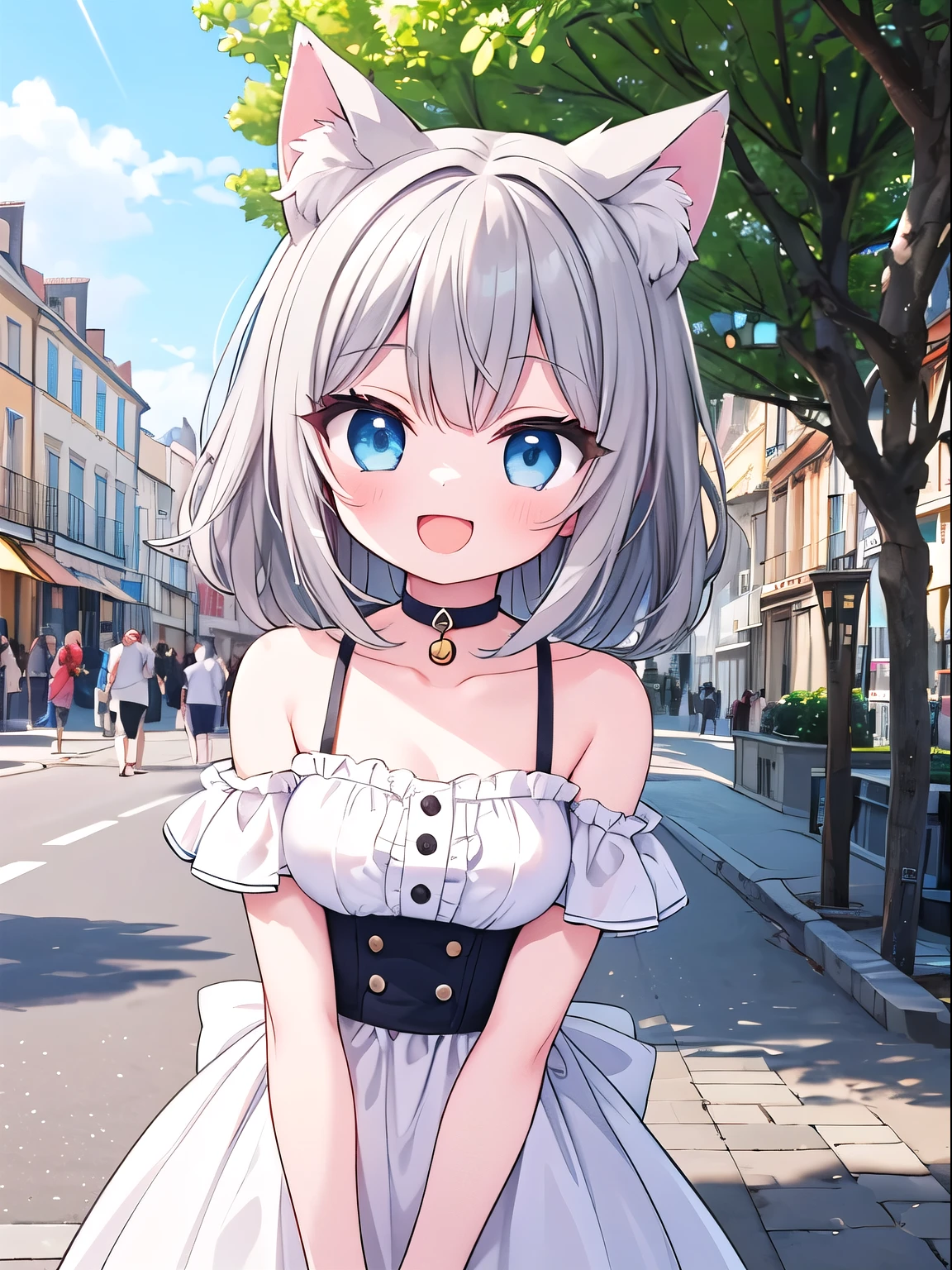 Summer vacation, ((trip)), sightseeing, South of France, ((Marseille)), port, (One girl), cute, (happiness:1.3), Open your mouth, (Cat ear), choker, ((Gray Hair)), Medium Hair, Blue Eyes, sunny, noon, Outdoor, from the front, Cowboy Shot, ((Highest quality)), ((masterpiece)), (detailed), Perfect Face, Perfect Arms, Perfect hands, Perfect Fingers, anime, Ultra-fine illustration,