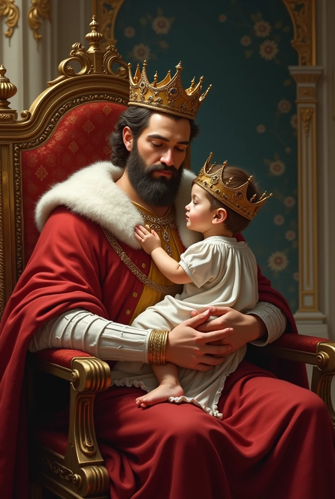 Young looking king sitting on the throne holding his son with a gentle face and a crown on his head 
