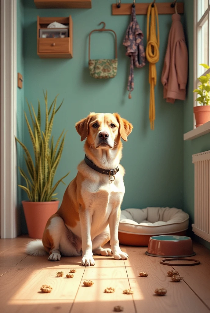 Create an image that suggests the presence of a dog in the environment. Show a corner of a house or an outdoor space with details that indicate the presence of a dog, like a bowl of food and water, a dog bed or scattered toys. You can include a trail of dog paws on the floor or a collar and leash hanging on a hanger.. The environment must be tidy and welcoming, suggesting that the dog is an integral part of that space without showing it in direct detail, masterpiece, Best Quality, High resolution