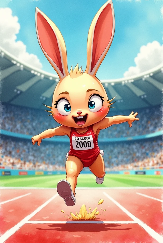 (chibi Emoji Meme), Stylized Watercolor style, funny photo portrait of a grotesque (Olympic jump athlete female rabbit), athlete suit, Long jump finish line sand, (upper body), cute big eyes, Olympic background, emoticon. emotional, dynamic movement, vivid, (masterpiece, best quality, absurdres, ultra-detailed, intricate details:1.3)
