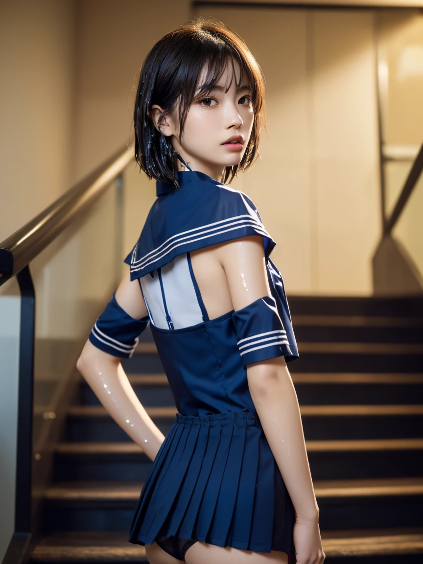 (masterpiece:1.2), Very detailed, Ultra-high resolution, (Realistic, photo Realistic:1.6), High-resolution RAW color photos, Professional photos, Sharp focus:1.2, (Very detailed顔と肌の質感, Very beautiful eyes, Glossのある肌, Glowing Skin, Glowing Skin, Shining Face, Gloss, Oily skin, greasy face, Oily skin, greasy face,),, (real Glossのある肌 texture), Perfect Anatomy, Very detailed背景,(High school stairs at night),25-year-old woman, Japanese women,Height: 168cm,(short hair, Straight hair, bangs, Brown Hair),((Flat Chest:1.6、Small Ass:1.5)),(Slender legs), ((((White short-sleeved sailor suit、Navy blue pleated skirt:1.5、Sexy thong panties under skirt))),(Looking back at the top of three steps:1.4),(((Wet and sheer sailor suit:1.4))),Looking up from three steps down