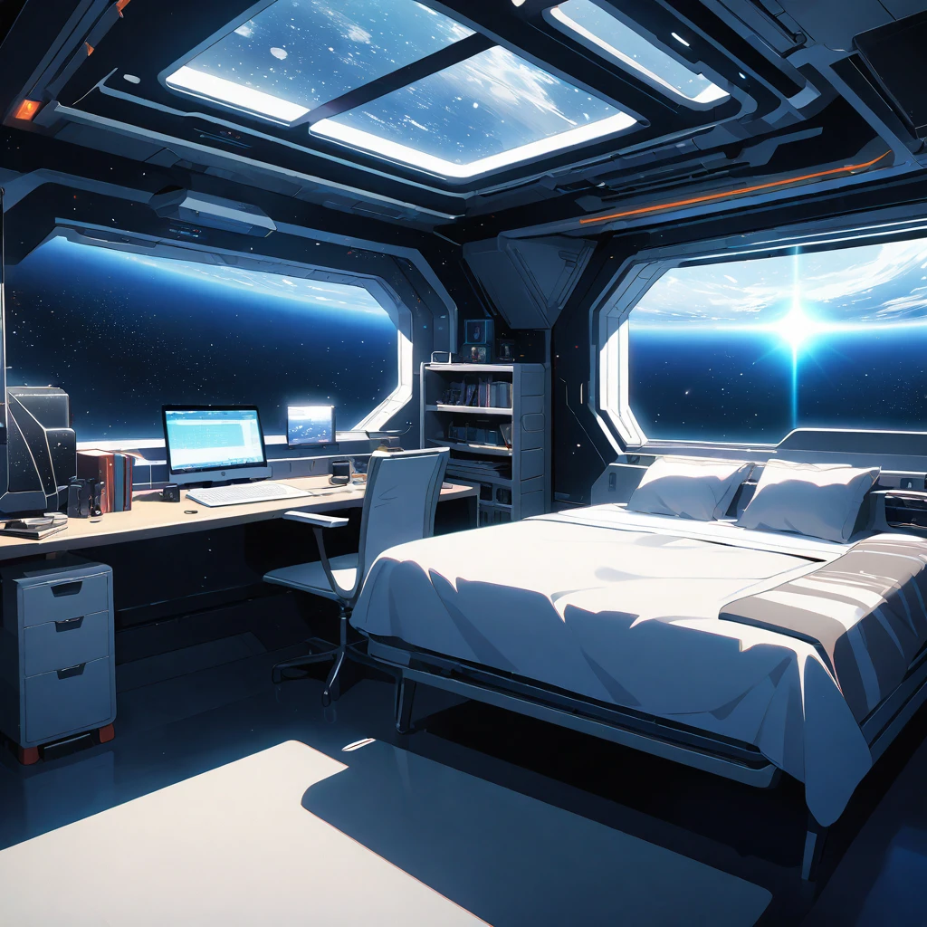 Anime-style bedroom on a space battleship with a bed, a long desk, and a window overlooking the cosmos.